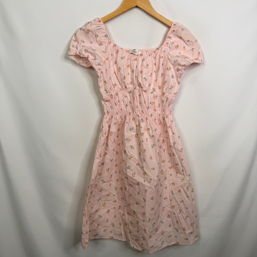 HM Girls Pink Peach Print Puff Sleeve Cotton Dress Size 18 Smocked Waist - Picture 2 of 8